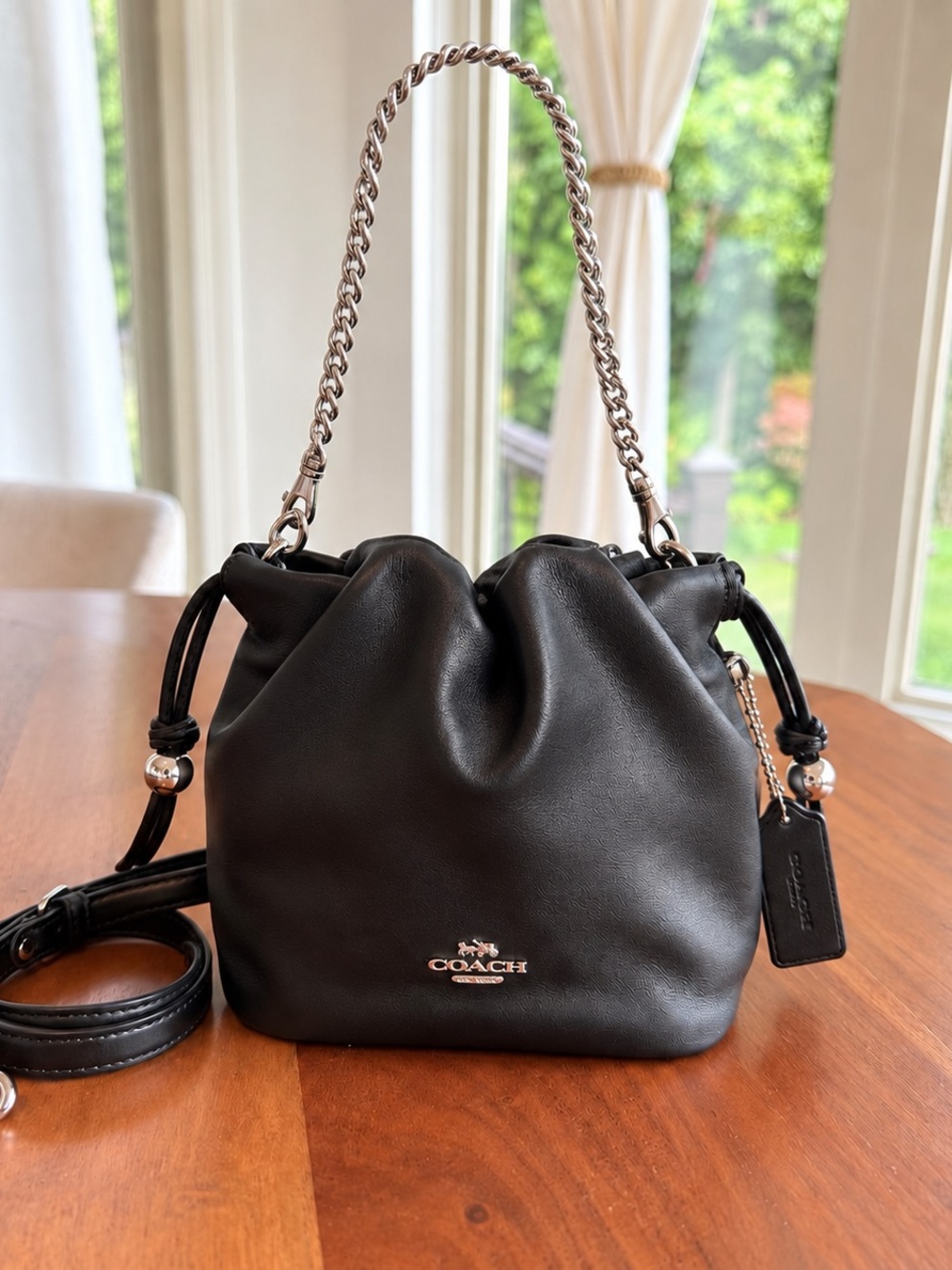 🖤✨ NEW Coach Faye Mini Ruched Leather Drawstring Bag | Silver/Black